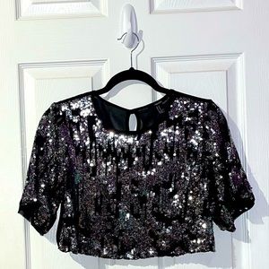Forever 21 Sheer Mesh Black Sequin Crop Top